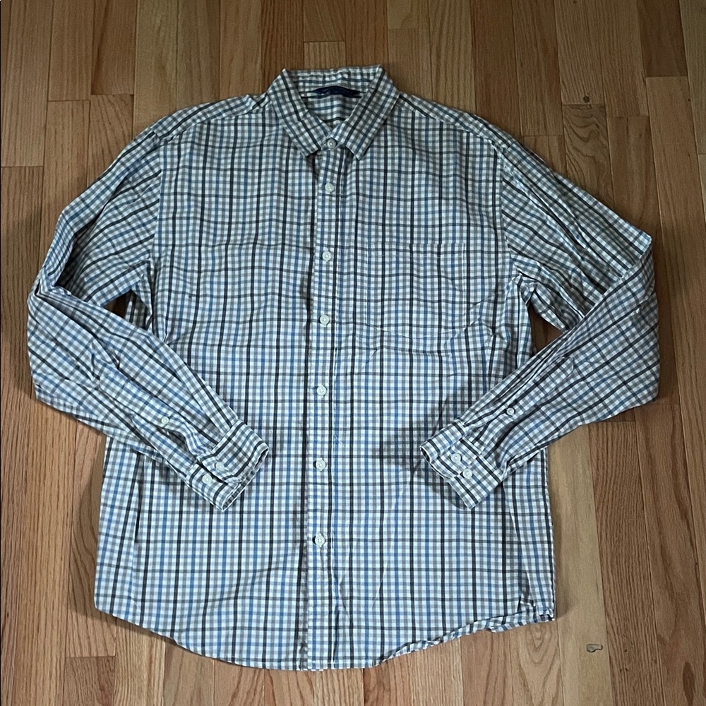 Falls Creek Shirt Mens Medium Blue Gray Check Button Up Casual Preppy Church